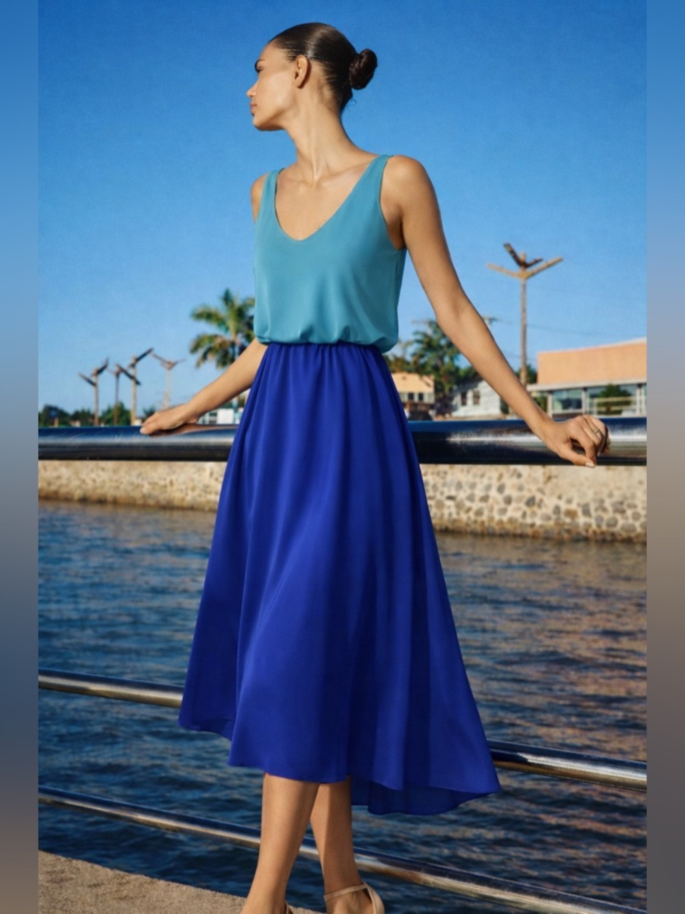 Blue Satin Colorblock Maxi Dress Size 6 S/M Flowing Elegant